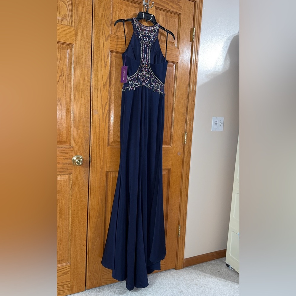 Abby Paris Formal Dress Size 8 Navy Blue Beaded Waist Train Gown AUTHENTIC NWT - Picture 13 of 15
